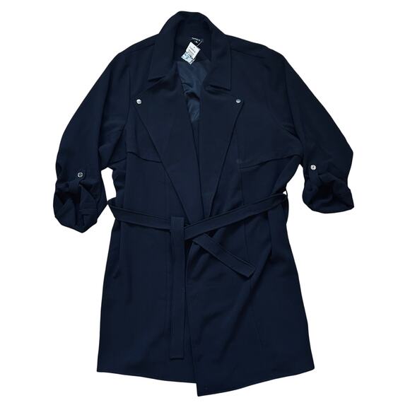 Torrid Black Trench Coat Jacket Draped Open Tie Front Roll Tab Sleeve 5 NWT - Picture 3 of 8